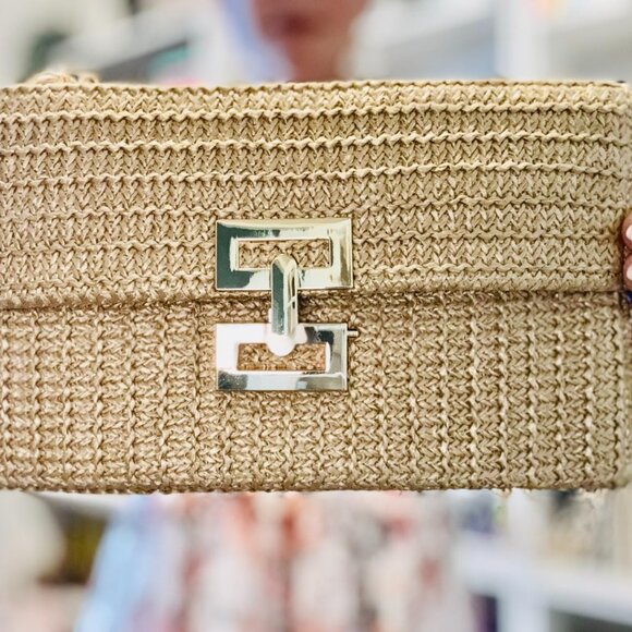Neiman Marcus Woven Khaki Straw Clutch Crossbody Bag - Picture 5 of 5